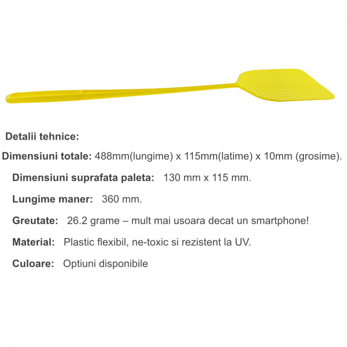 Paleta manuala Anti-Muste si Insecte cu maner flexibil, suprafata 130 x 115 x 2 mm, lungime maner 360mm, galbena [3]