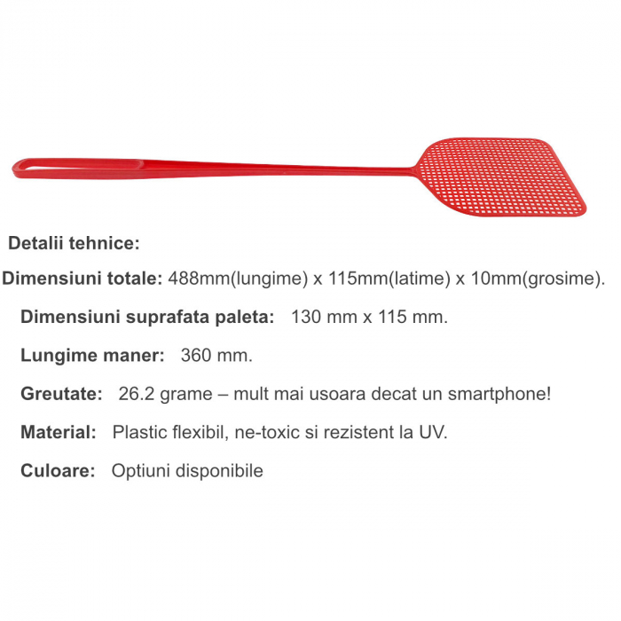 Paleta manuala Anti-Muste si Insecte cu maner flexibil, suprafata 130 x 115 x 2 mm, lungime maner 360mm, rosie [3]