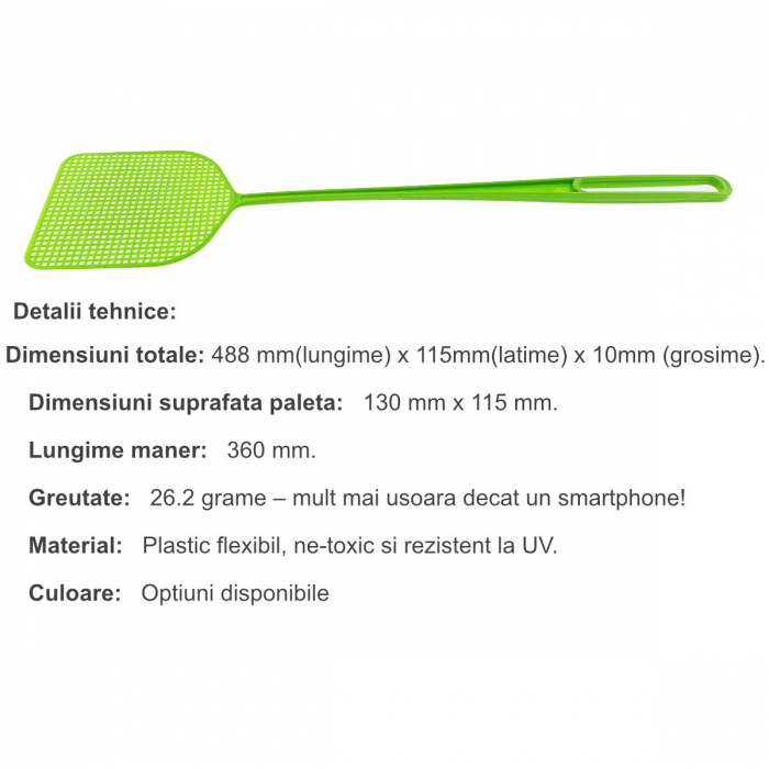Paleta manuala Anti-Muste si Insecte cu maner flexibil, suprafata 130 x 115 x 2 mm, lungime maner 360mm, verde [3]