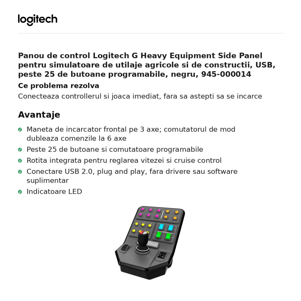 Panou de control Logitech G Heavy Equipment Side Panel pentru simulatoare de utilaje agricole si de constructii, USB, peste 25 de butoane programabile, negru, 945-000014 [2]