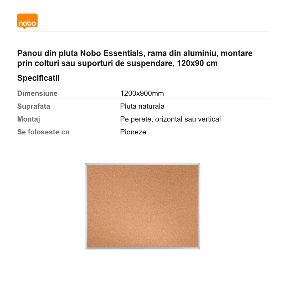Panou din pluta Nobo Essentials, rama din aluminiu, montare prin colturi sau suporturi de suspendare, 120x90 cm [3]