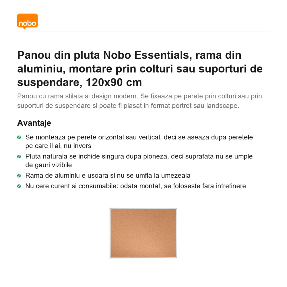 Panou din pluta Nobo Essentials, rama din aluminiu, montare prin colturi sau suporturi de suspendare, 120x90 cm [2]