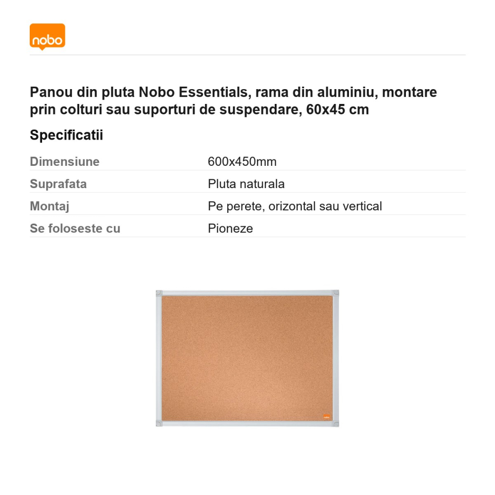 Panou din pluta Nobo Essentials, rama din aluminiu, montare prin colturi sau suporturi de suspendare, 60x45 cm [3]