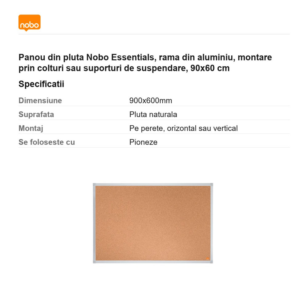 Panou din pluta Nobo Essentials, rama din aluminiu, montare prin colturi sau suporturi de suspendare, 90x60 cm [3]