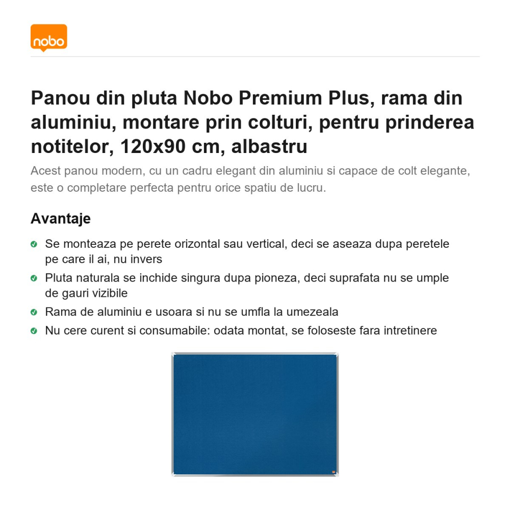 Panou din pluta Nobo Premium Plus, rama din aluminiu, montare prin colturi, pentru prinderea notitelor, 120x90 cm, albastru [2]
