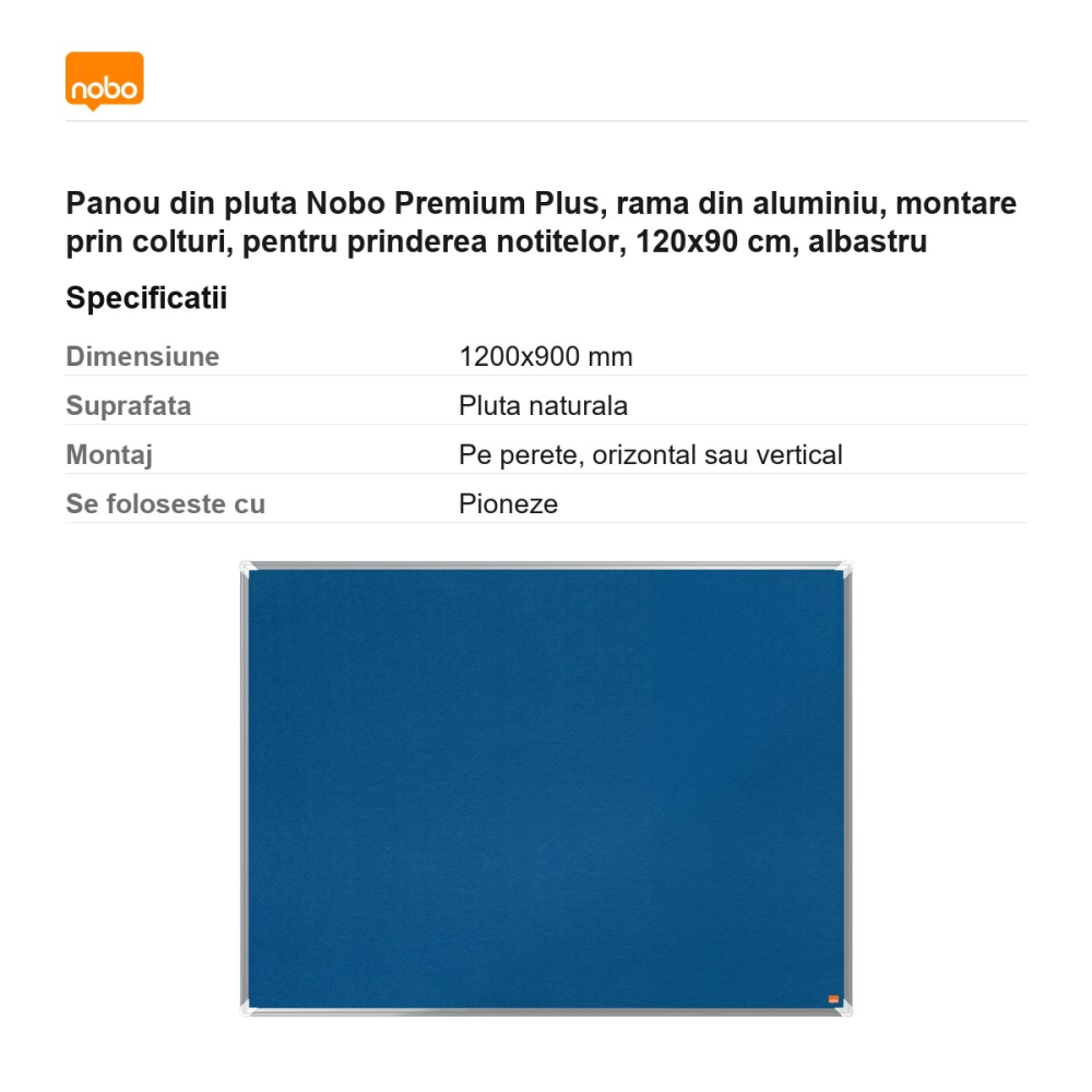 Panou din pluta Nobo Premium Plus, rama din aluminiu, montare prin colturi, pentru prinderea notitelor, 120x90 cm, albastru [3]