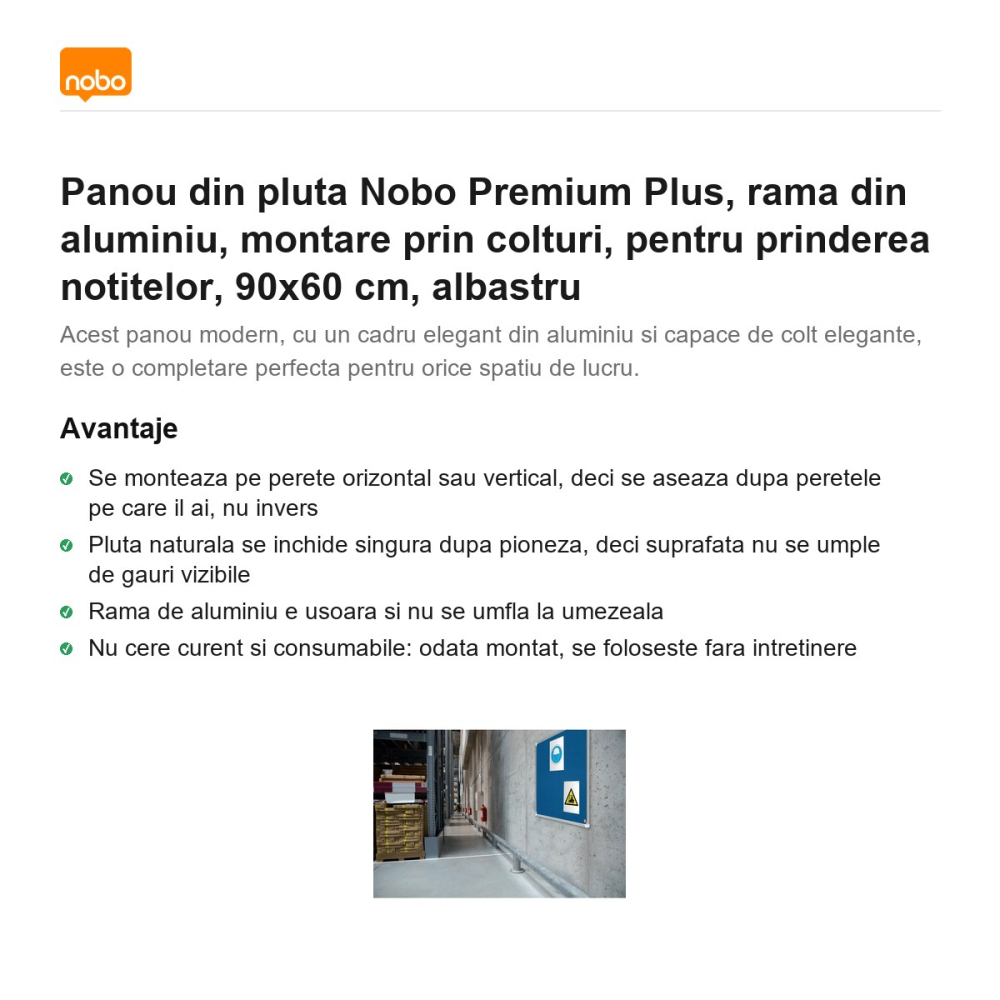 Panou din pluta Nobo Premium Plus, rama din aluminiu, montare prin colturi, pentru prinderea notitelor, 90x60 cm, albastru [2]