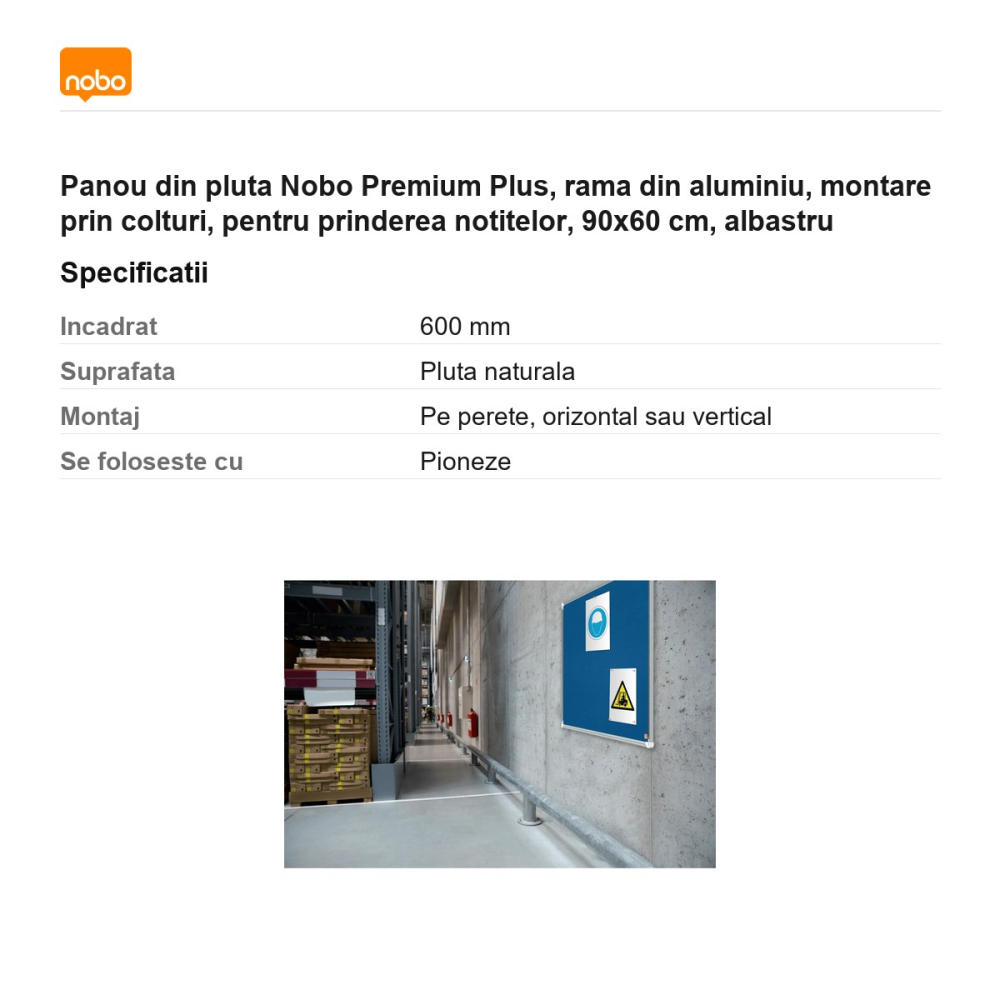 Panou din pluta Nobo Premium Plus, rama din aluminiu, montare prin colturi, pentru prinderea notitelor, 90x60 cm, albastru [3]