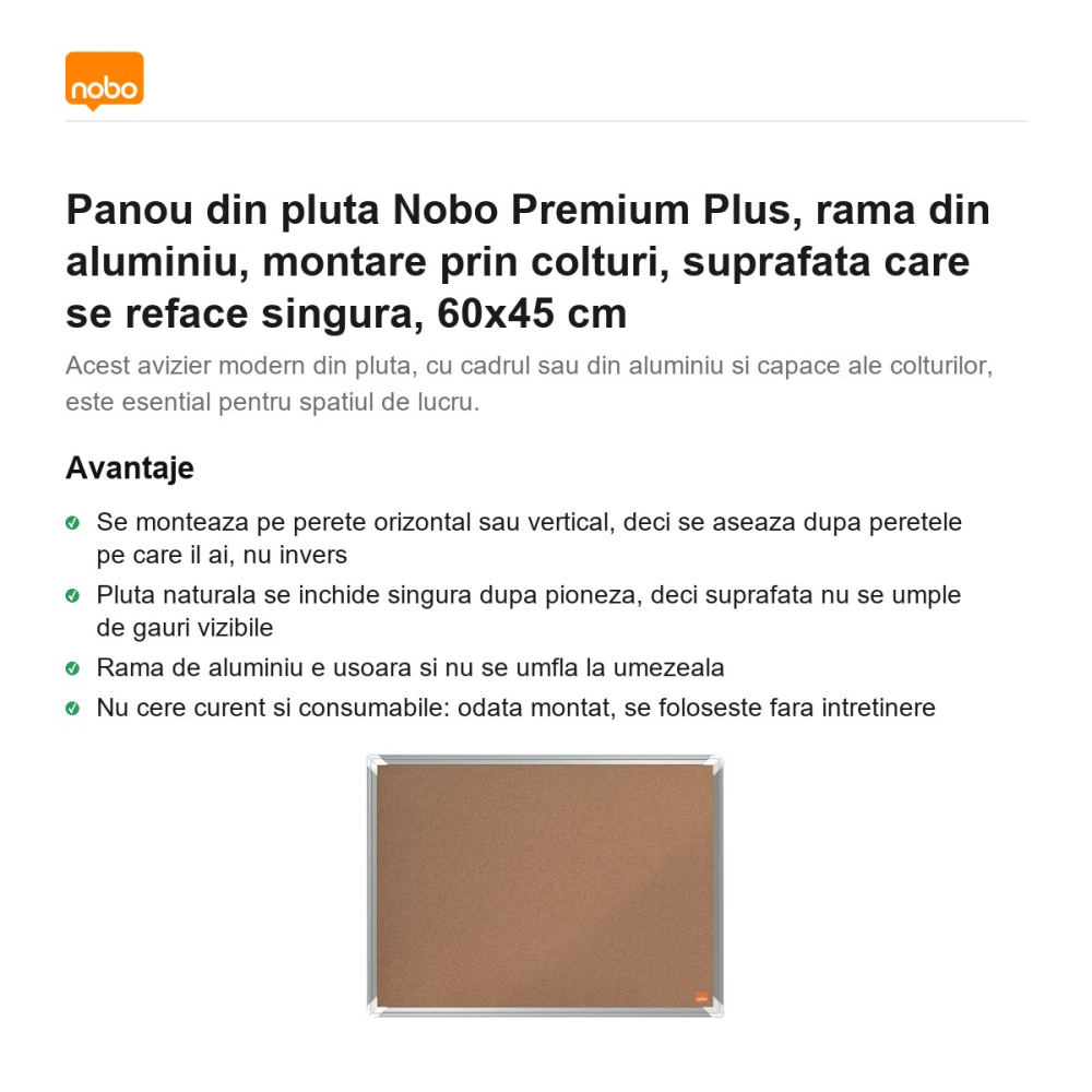 Panou din pluta Nobo Premium Plus, rama din aluminiu, montare prin colturi, suprafata care se reface singura, 60x45 cm [2]