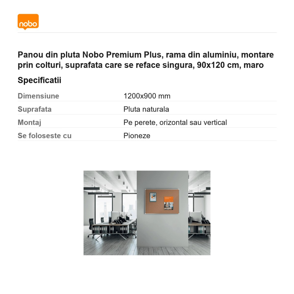 Panou din pluta Nobo Premium Plus, rama din aluminiu, montare prin colturi, suprafata care se reface singura, 90x120 cm, maro [3]