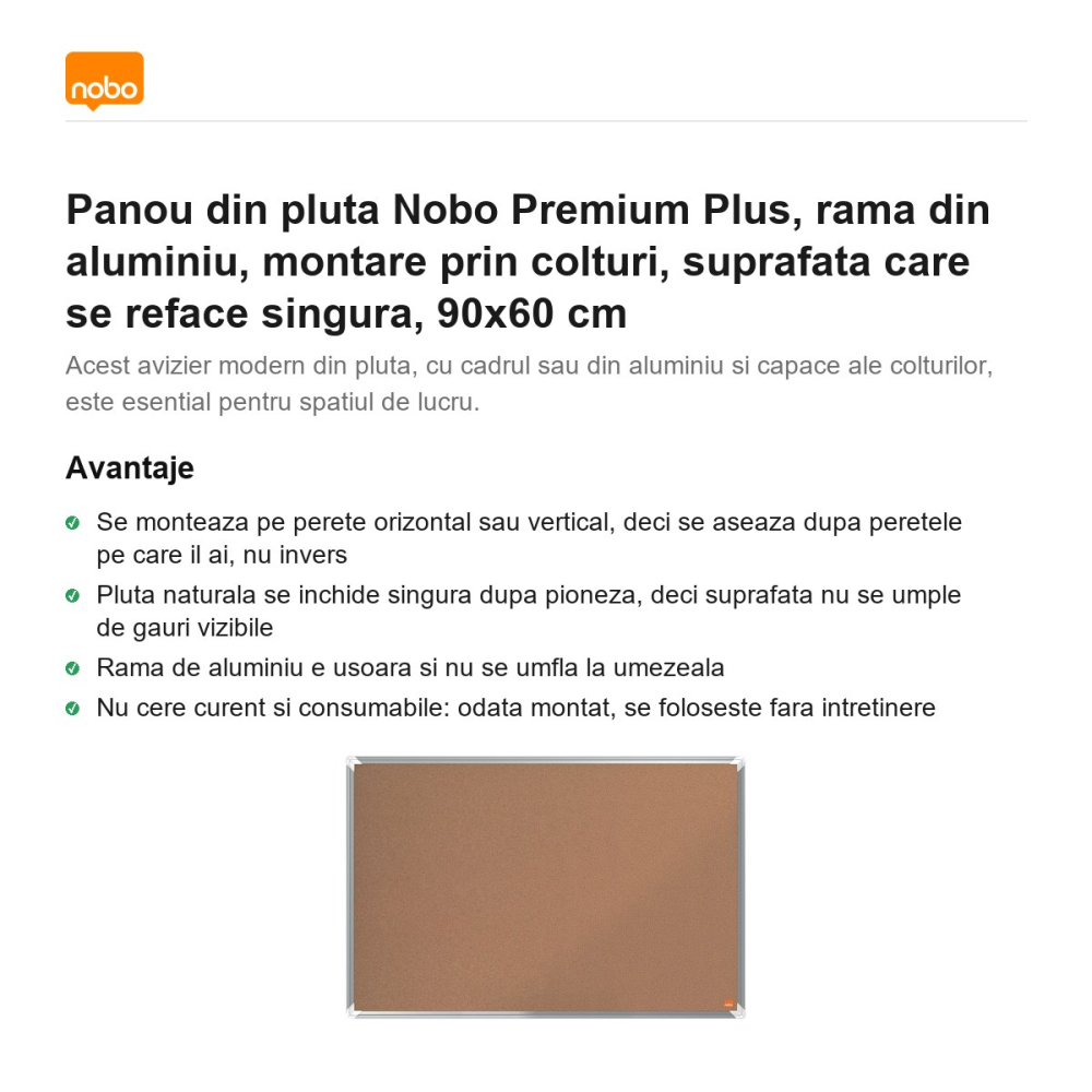 Panou din pluta Nobo Premium Plus, rama din aluminiu, montare prin colturi, suprafata care se reface singura, 90x60 cm [2]