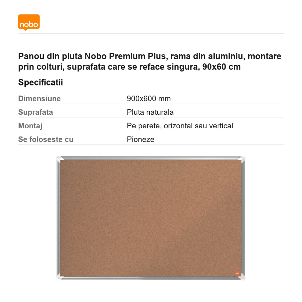 Panou din pluta Nobo Premium Plus, rama din aluminiu, montare prin colturi, suprafata care se reface singura, 90x60 cm [3]