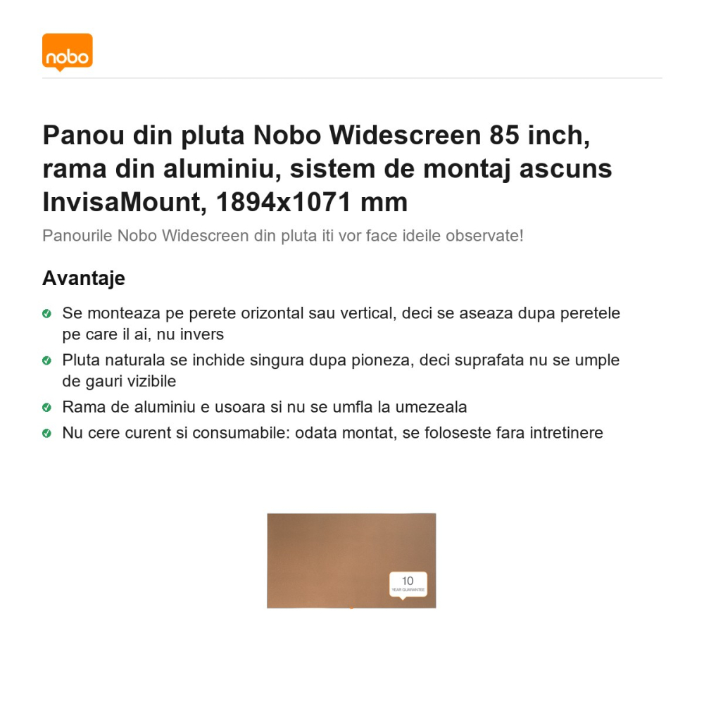 Panou din pluta Nobo Widescreen 85 inch, rama din aluminiu, sistem de montaj ascuns InvisaMount, 1894x1071 mm [2]