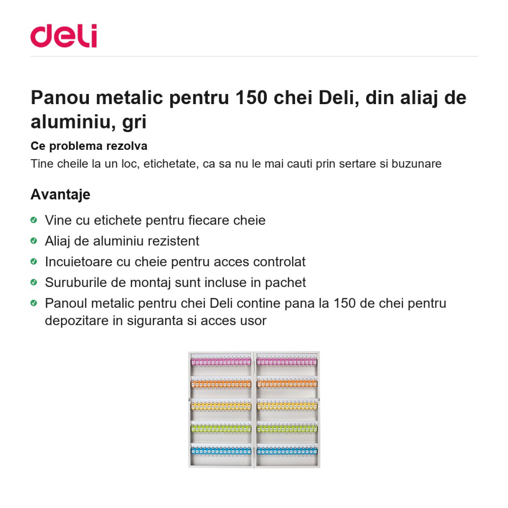 Panou metalic pentru 150 chei Deli, din aliaj de aluminiu, gri [2]