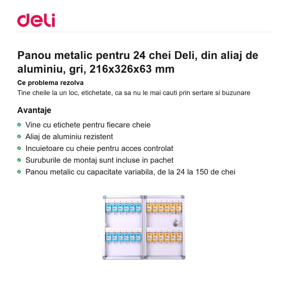 Panou metalic pentru 24 chei Deli, din aliaj de aluminiu, gri, 216x326x63 mm [2]