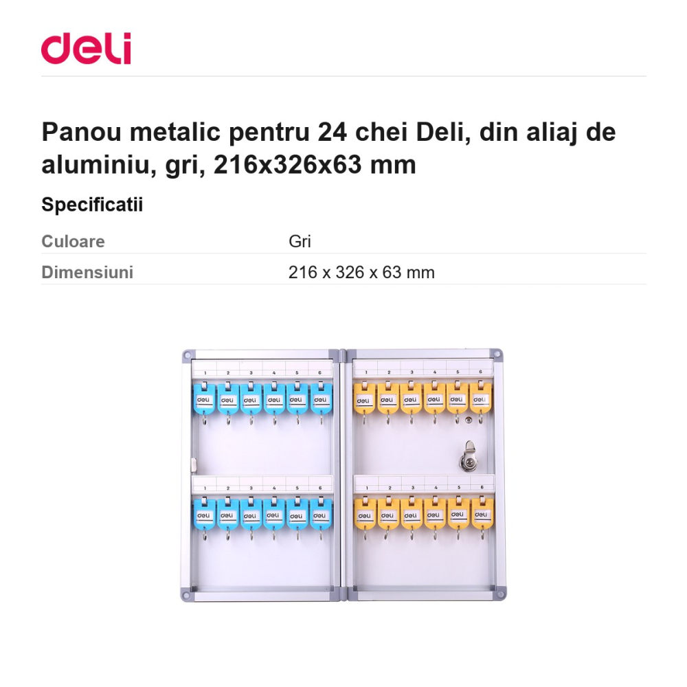 Panou metalic pentru 24 chei Deli, din aliaj de aluminiu, gri, 216x326x63 mm [3]