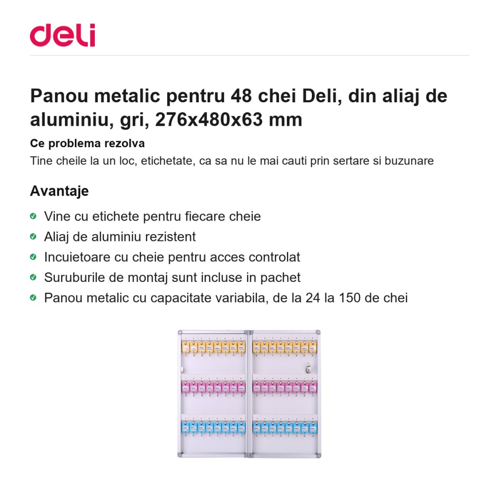 Panou metalic pentru 48 chei Deli, din aliaj de aluminiu, gri, 276x480x63 mm [2]