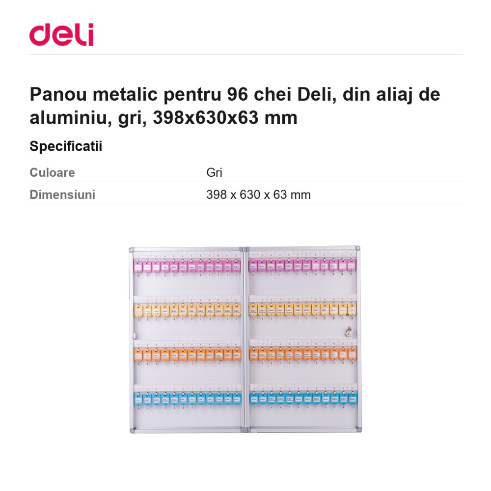 Panou metalic pentru 96 chei Deli, din aliaj de aluminiu, gri, 398x630x63 mm [3]