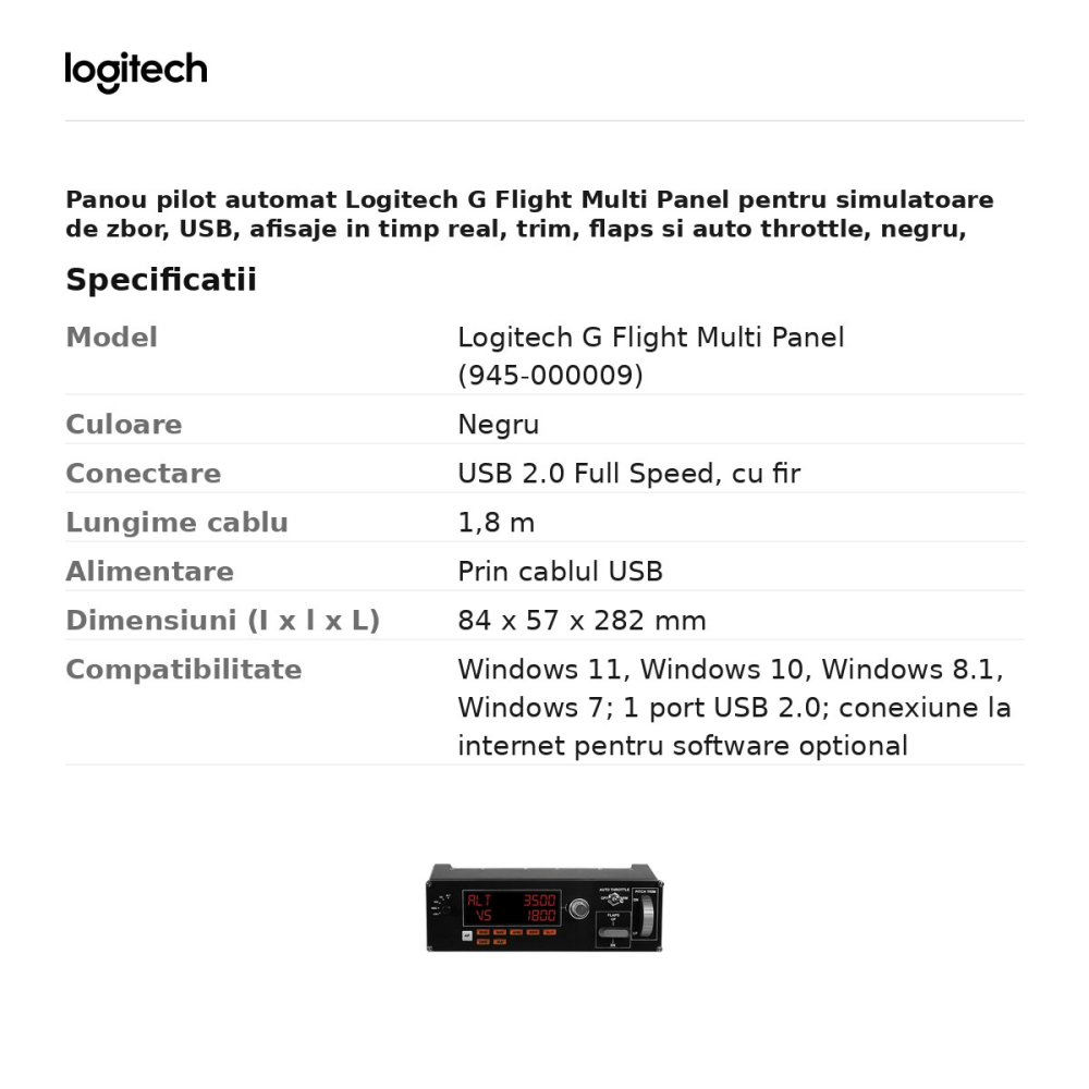 Panou pilot automat Logitech G Flight Multi Panel pentru simulatoare de zbor, USB, afisaje in timp real, trim, flaps si auto throttle, negru, 945-000009 [3]