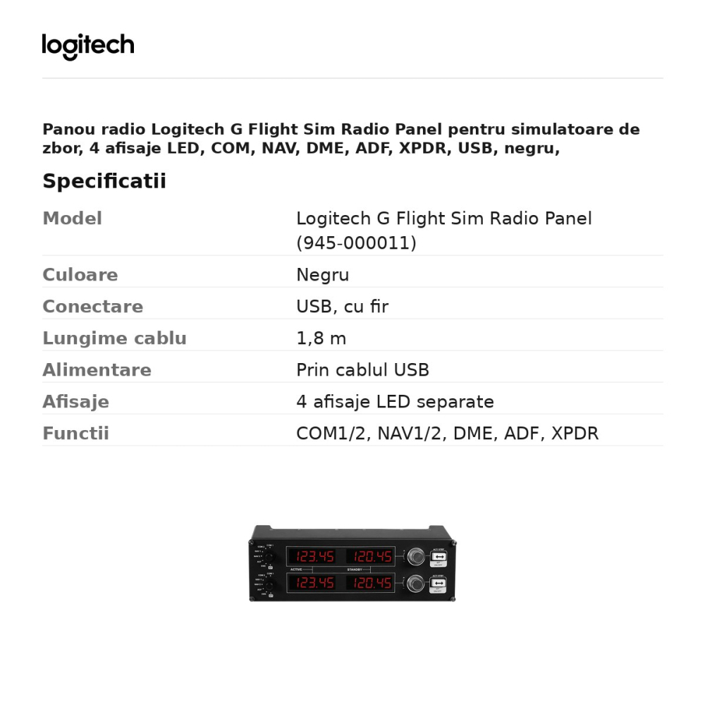 Panou radio Logitech G Flight Sim Radio Panel pentru simulatoare de zbor, 4 afisaje LED, COM, NAV, DME, ADF, XPDR, USB, negru, 945-000011 [3]