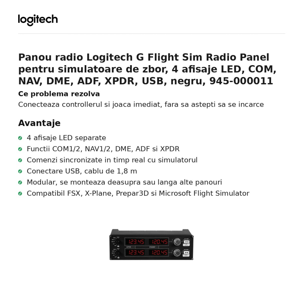 Panou radio Logitech G Flight Sim Radio Panel pentru simulatoare de zbor, 4 afisaje LED, COM, NAV, DME, ADF, XPDR, USB, negru, 945-000011 [2]