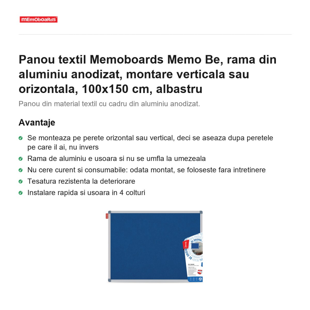 Panou textil Memoboards Memo Be, rama din aluminiu anodizat, montare verticala sau orizontala, 100x150 cm, albastru [2]
