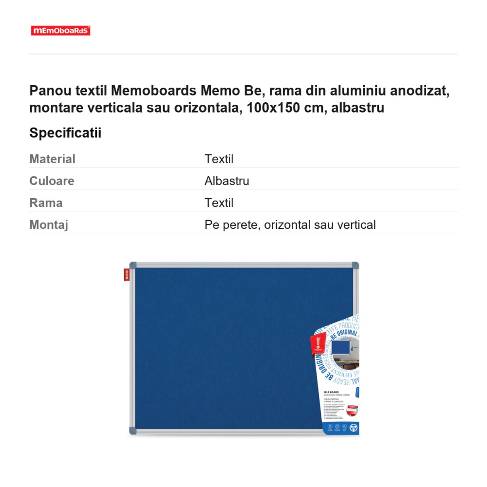 Panou textil Memoboards Memo Be, rama din aluminiu anodizat, montare verticala sau orizontala, 100x150 cm, albastru [3]