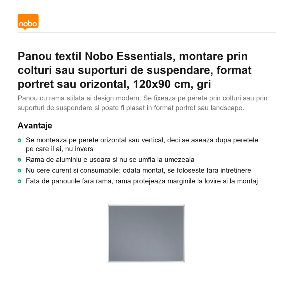 Panou textil Nobo Essentials, montare prin colturi sau suporturi de suspendare, format portret sau orizontal, 120x90 cm, gri [2]