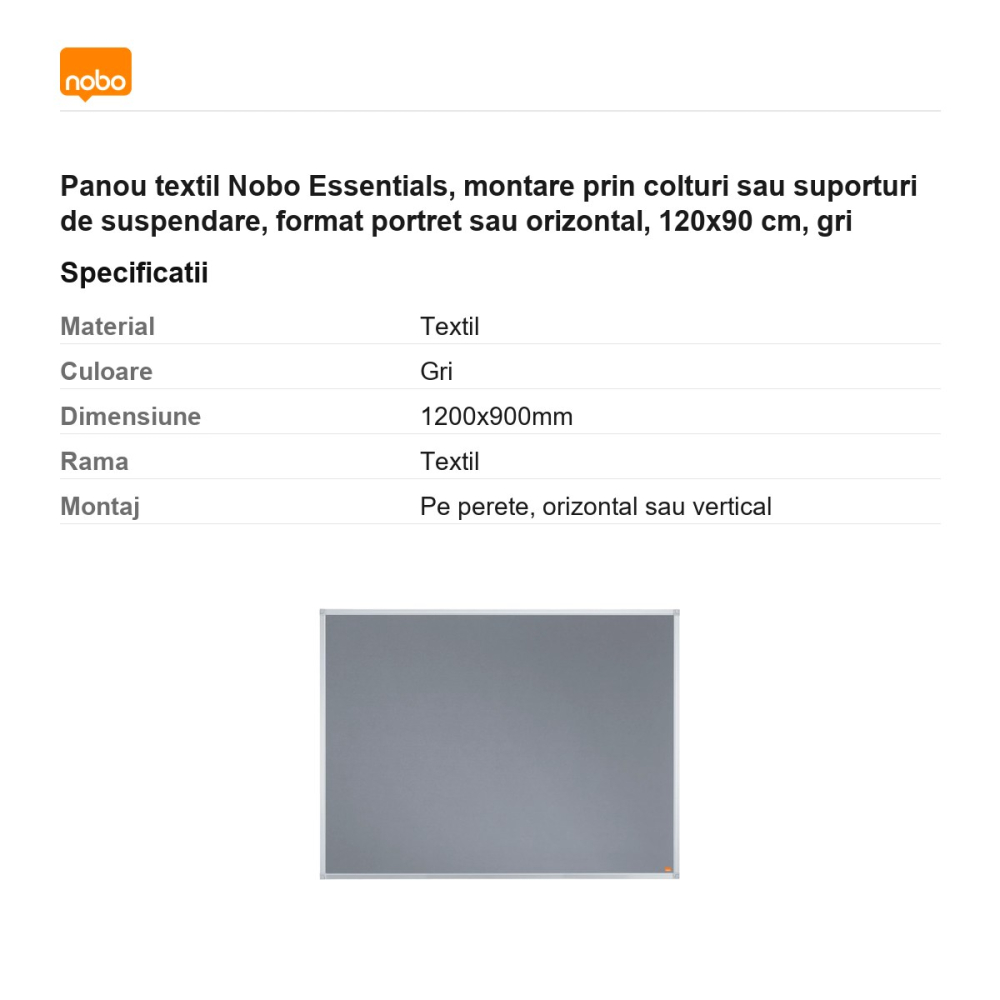 Panou textil Nobo Essentials, montare prin colturi sau suporturi de suspendare, format portret sau orizontal, 120x90 cm, gri [3]