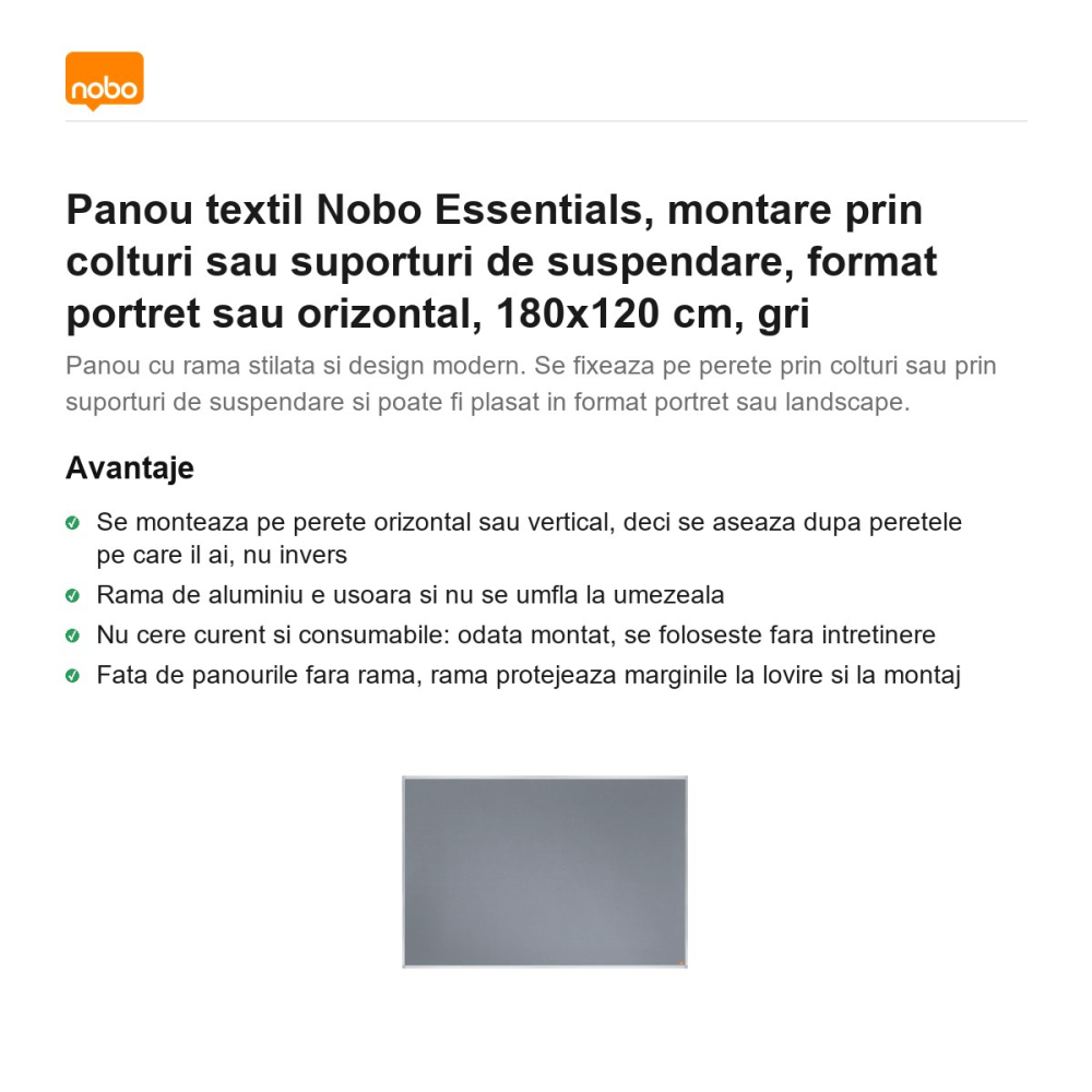 Panou textil Nobo Essentials, montare prin colturi sau suporturi de suspendare, format portret sau orizontal, 180x120 cm, gri [2]