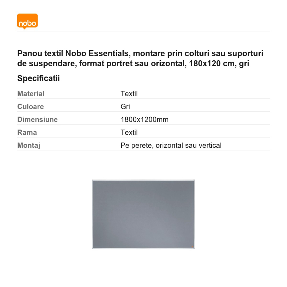 Panou textil Nobo Essentials, montare prin colturi sau suporturi de suspendare, format portret sau orizontal, 180x120 cm, gri [3]