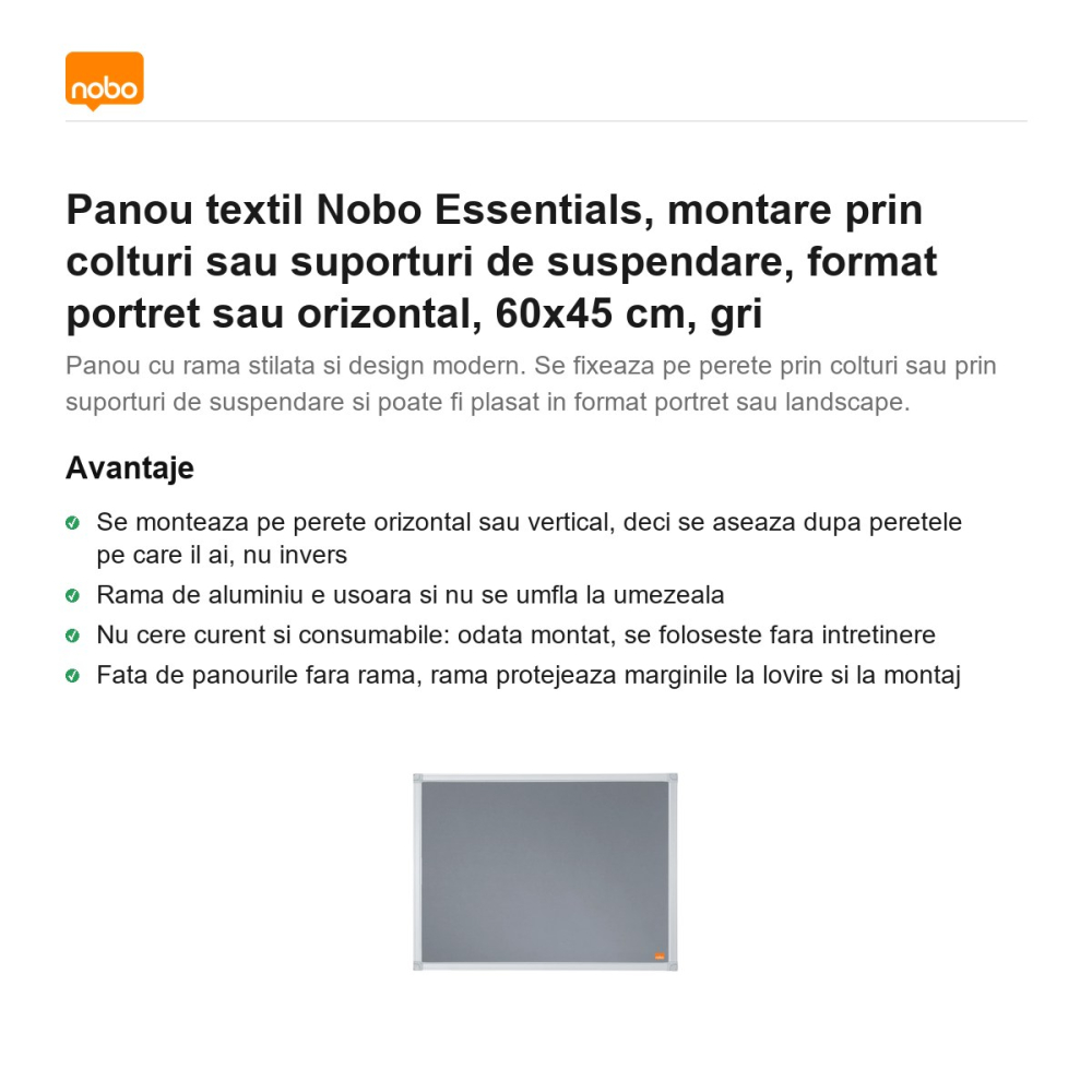 Panou textil Nobo Essentials, montare prin colturi sau suporturi de suspendare, format portret sau orizontal, 60x45 cm, gri [2]