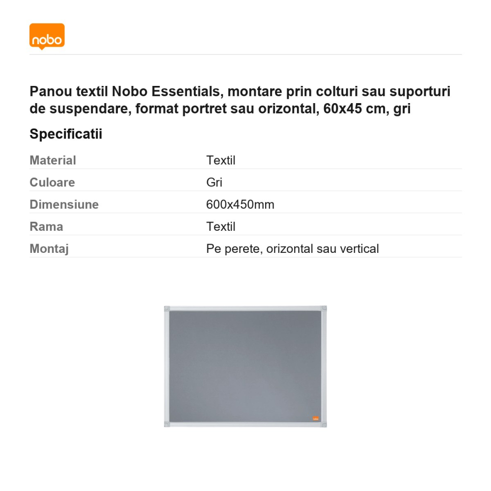 Panou textil Nobo Essentials, montare prin colturi sau suporturi de suspendare, format portret sau orizontal, 60x45 cm, gri [3]