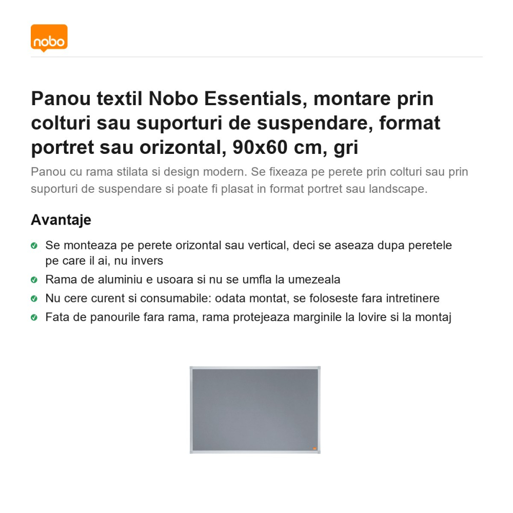 Panou textil Nobo Essentials, montare prin colturi sau suporturi de suspendare, format portret sau orizontal, 90x60 cm, gri [2]