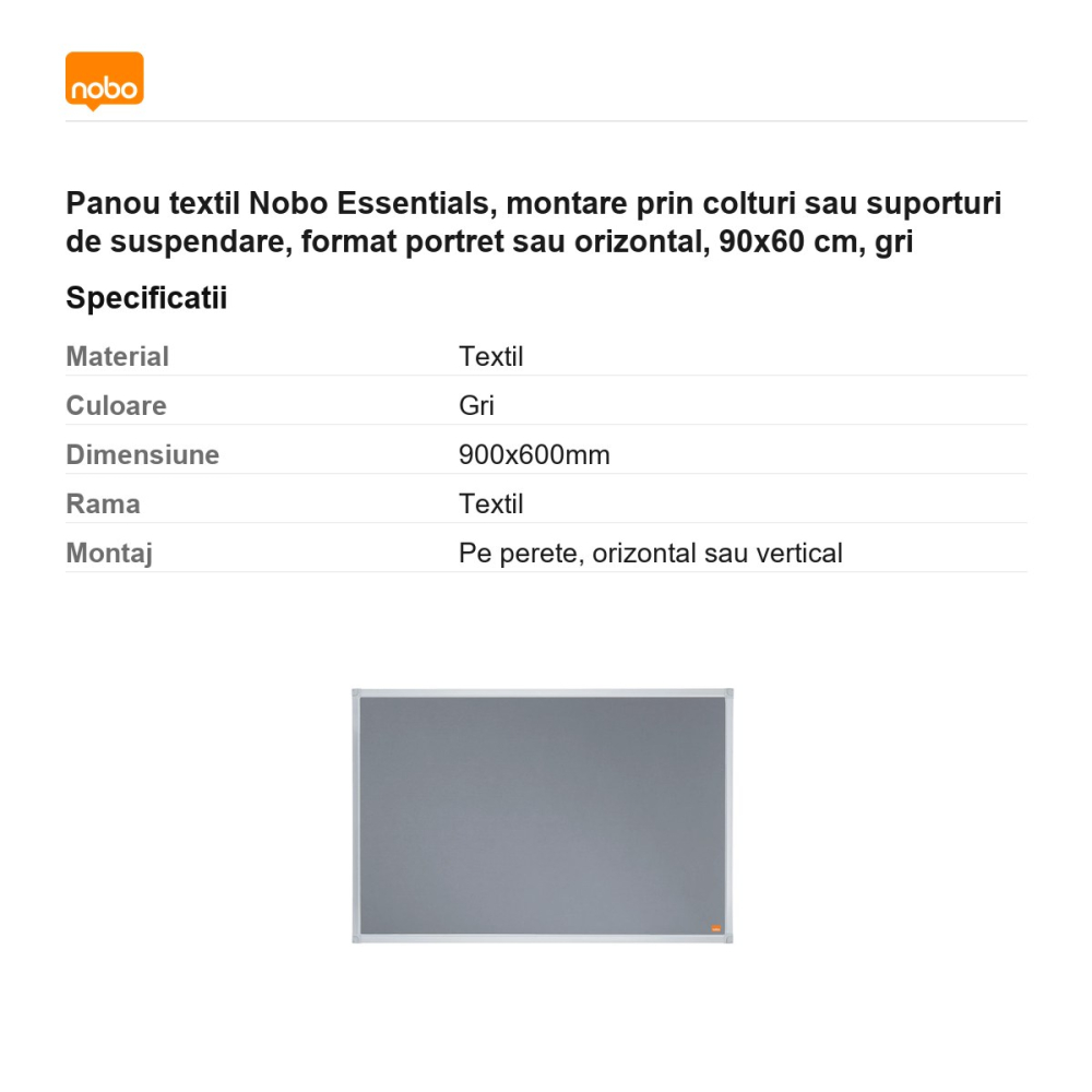 Panou textil Nobo Essentials, montare prin colturi sau suporturi de suspendare, format portret sau orizontal, 90x60 cm, gri [3]