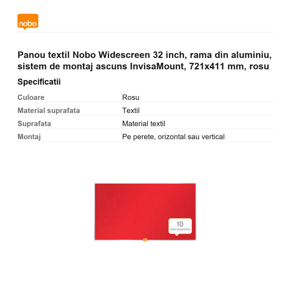 Panou textil Nobo Widescreen 32 inch, rama din aluminiu, sistem de montaj ascuns InvisaMount, 721x411 mm, rosu [3]