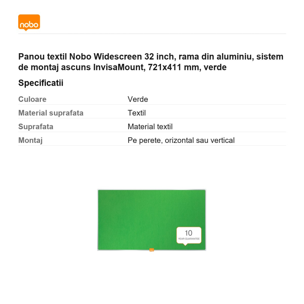 Panou textil Nobo Widescreen 32 inch, rama din aluminiu, sistem de montaj ascuns InvisaMount, 721x411 mm, verde [3]