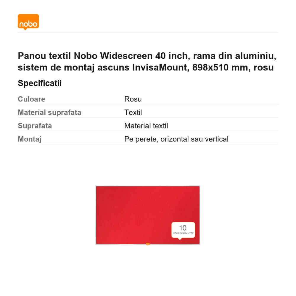 Panou textil Nobo Widescreen 40 inch, rama din aluminiu, sistem de montaj ascuns InvisaMount, 898x510 mm, rosu [3]