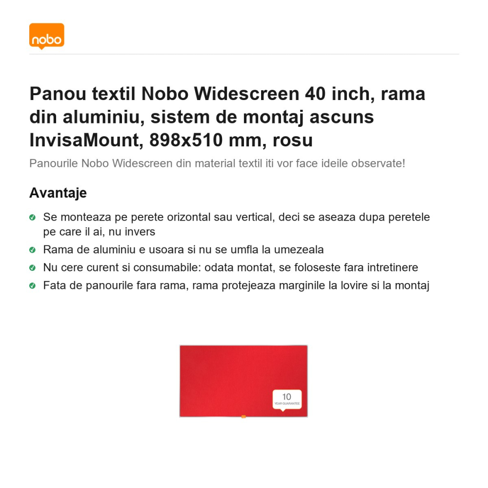 Panou textil Nobo Widescreen 40 inch, rama din aluminiu, sistem de montaj ascuns InvisaMount, 898x510 mm, rosu [2]