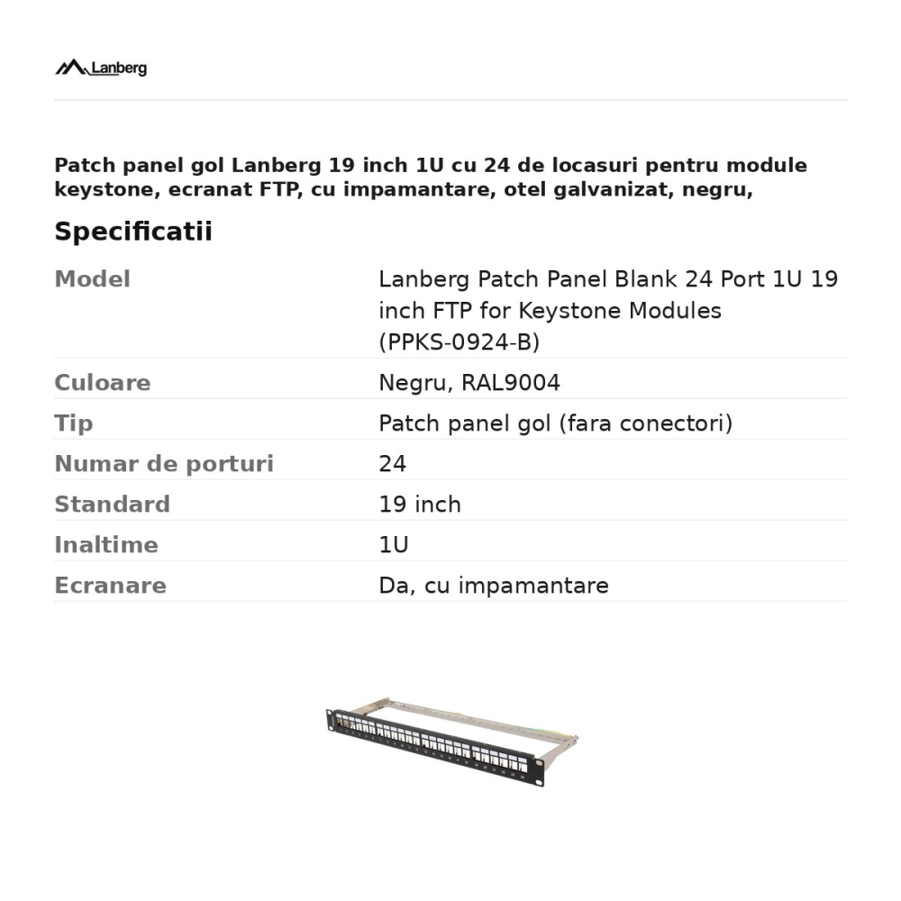 Patch panel gol Lanberg 19 inch 1U cu 24 de locasuri pentru module keystone, ecranat FTP, cu impamantare, otel galvanizat, negru, PPKS-0924-B [3]