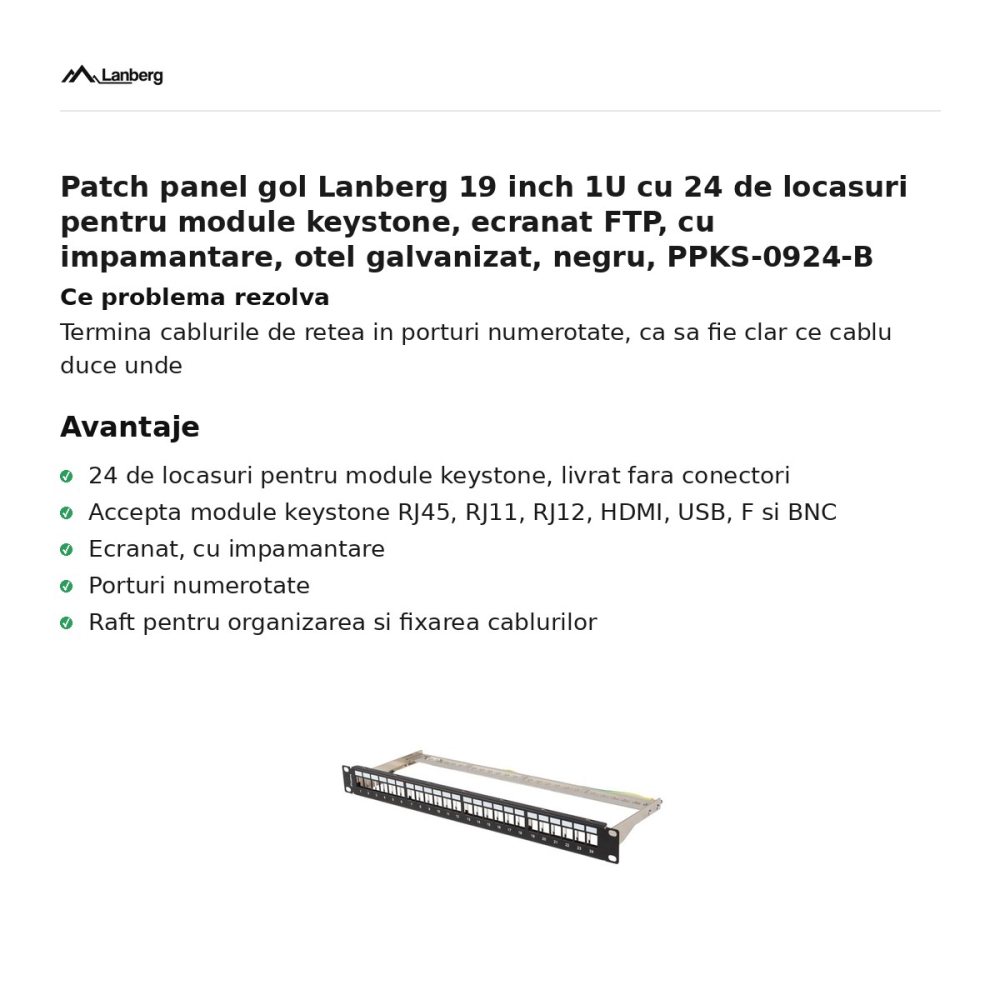 Patch panel gol Lanberg 19 inch 1U cu 24 de locasuri pentru module keystone, ecranat FTP, cu impamantare, otel galvanizat, negru, PPKS-0924-B [2]
