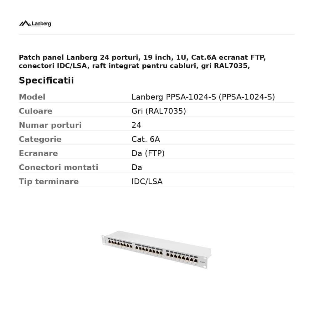Patch panel Lanberg 24 porturi, 19 inch, 1U, Cat.6A ecranat FTP, conectori IDC/LSA, raft integrat pentru cabluri, gri RAL7035, PPSA-1024-S [3]