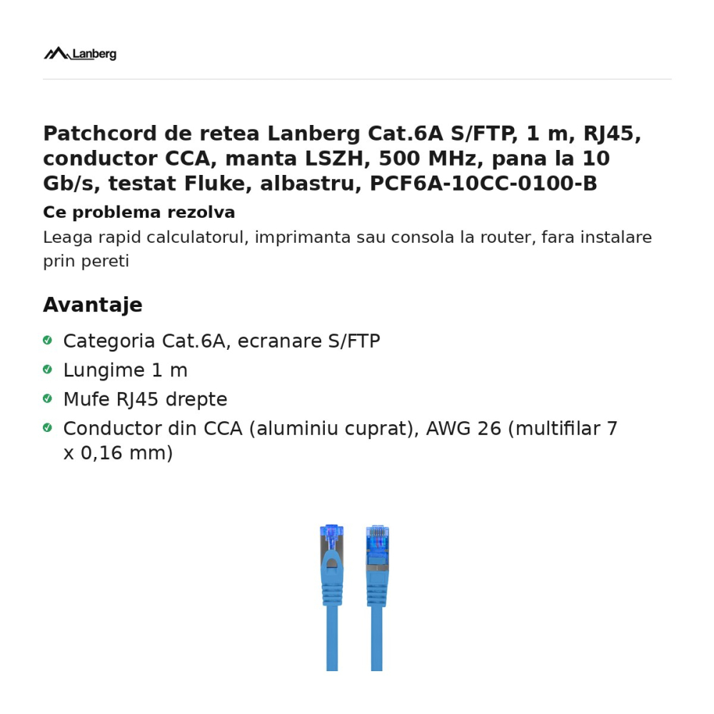 Patchcord de retea Lanberg Cat.6A S/FTP, 1 m, RJ45, conductor CCA, manta LSZH, 500 MHz, pana la 10 Gb/s, testat Fluke, albastru, PCF6A-10CC-0100-B [2]