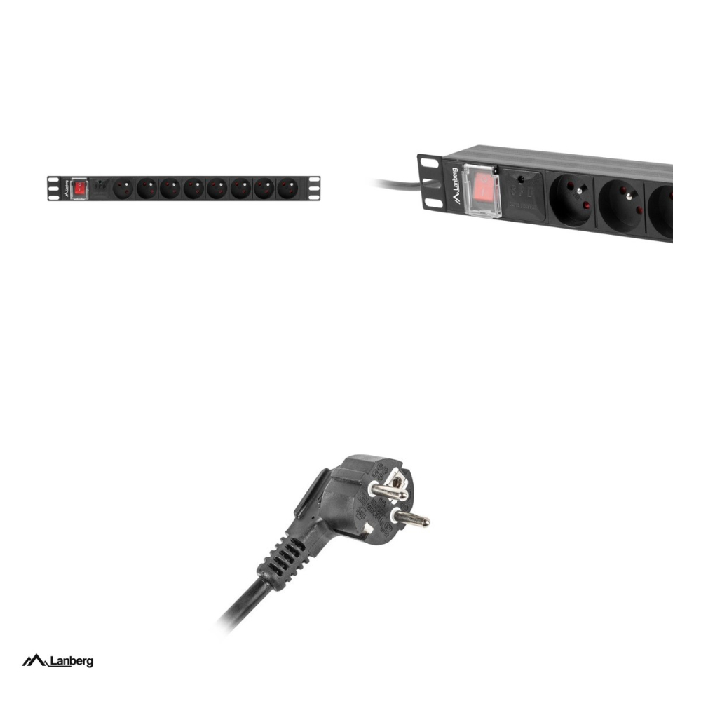 PDU rack 19 inch Lanberg 1U, 8 prize tip E franceze, 16 A, 4000 W, cablu 2 m cu stecher uni-schuko, intrerupator, aluminiu, negru, PDU-08E-0200-BK [4]