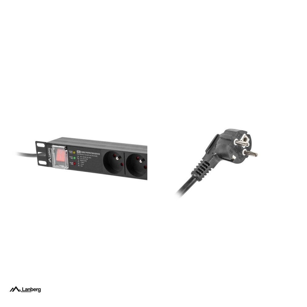 PDU rack 19 inch Lanberg PRO 1U, 7 prize tip E franceze, protectie la supratensiune SPD-3MP, 16 A, 4000 W, cablu 2 m cu stecher uni-schuko, intrerupator, aluminiu, negru, PDU-PRO-07E-0200-BK [5]