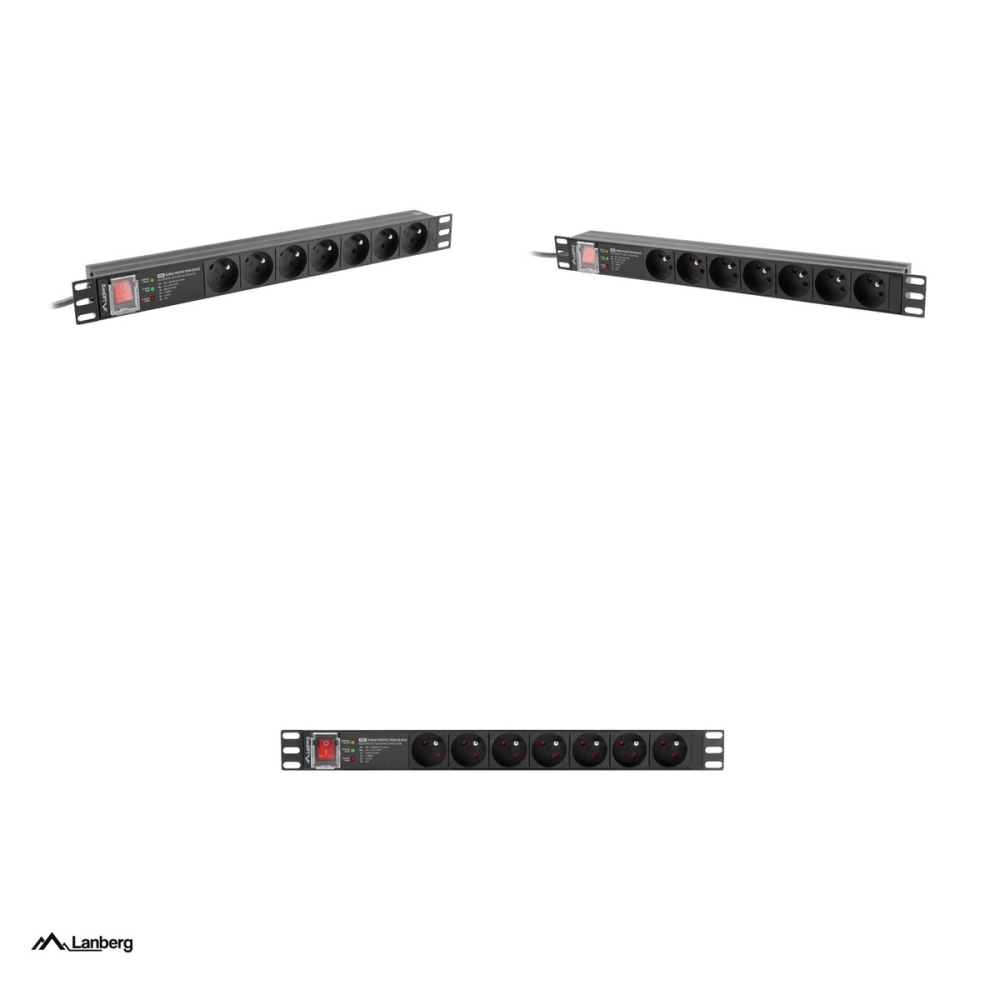 PDU rack 19 inch Lanberg PRO 1U, 7 prize tip E franceze, protectie la supratensiune SPD-3MP, 16 A, 4000 W, cablu 2 m cu stecher uni-schuko, intrerupator, aluminiu, negru, PDU-PRO-07E-0200-BK [4]