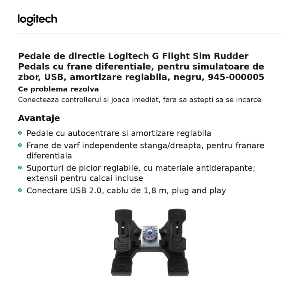 Pedale de directie Logitech G Flight Sim Rudder Pedals cu frane diferentiale, pentru simulatoare de zbor, USB, amortizare reglabila, negru, 945-000005 [2]
