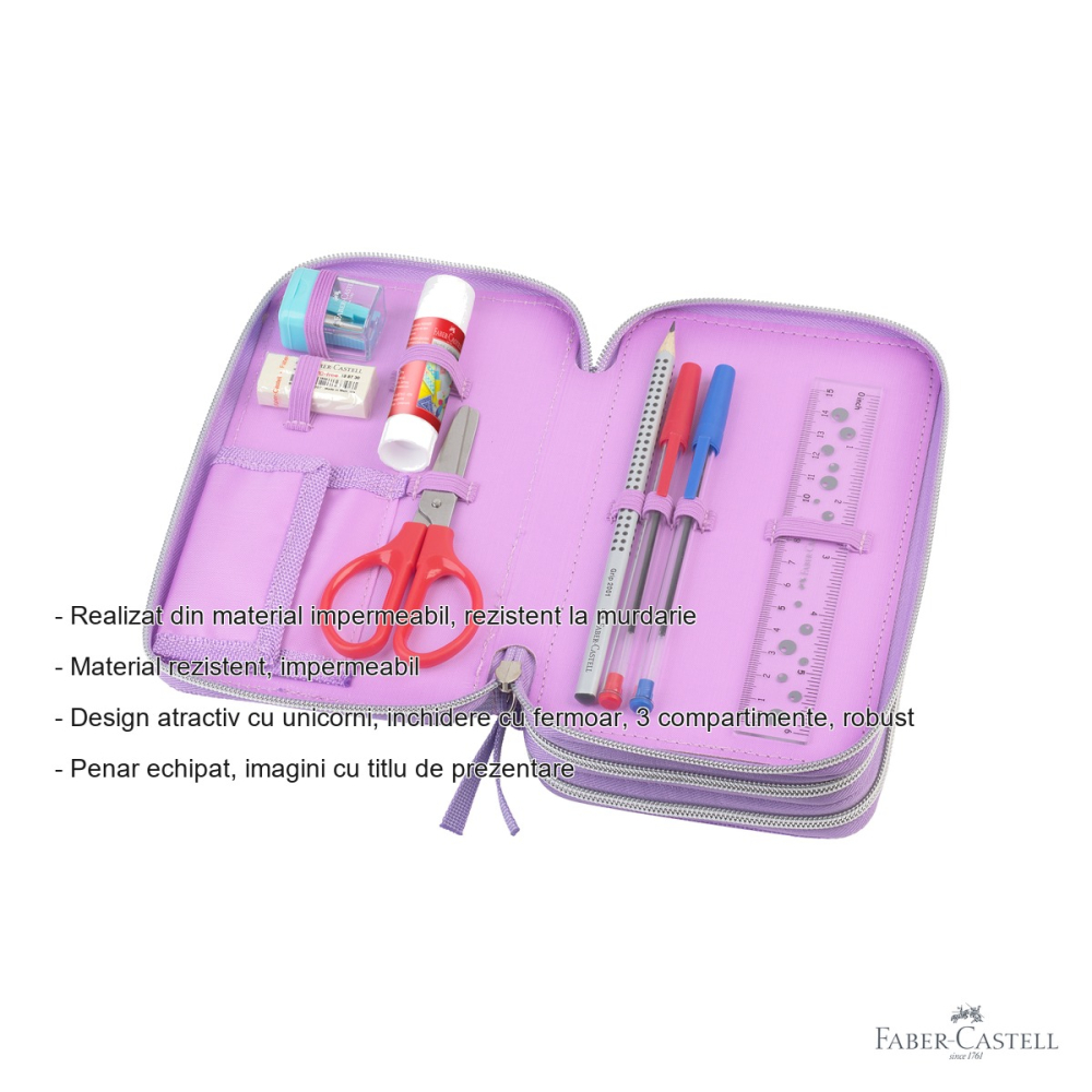 Penar echipat Faber-Castell, design unicorn, 44 piese, 3 compartimente cu fermoar, pentru scoala [2]