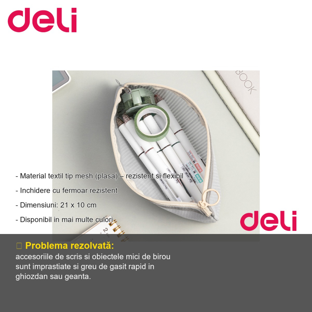 Penar etui mesh textil Deli 67058F, inchidere fermoar, pentru scoala si birou [2]