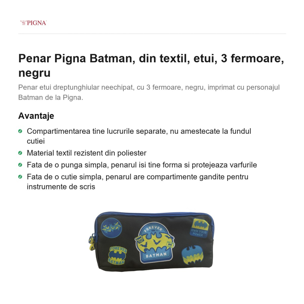 Penar Pigna Batman, din textil, etui, 3 fermoare, negru [2]